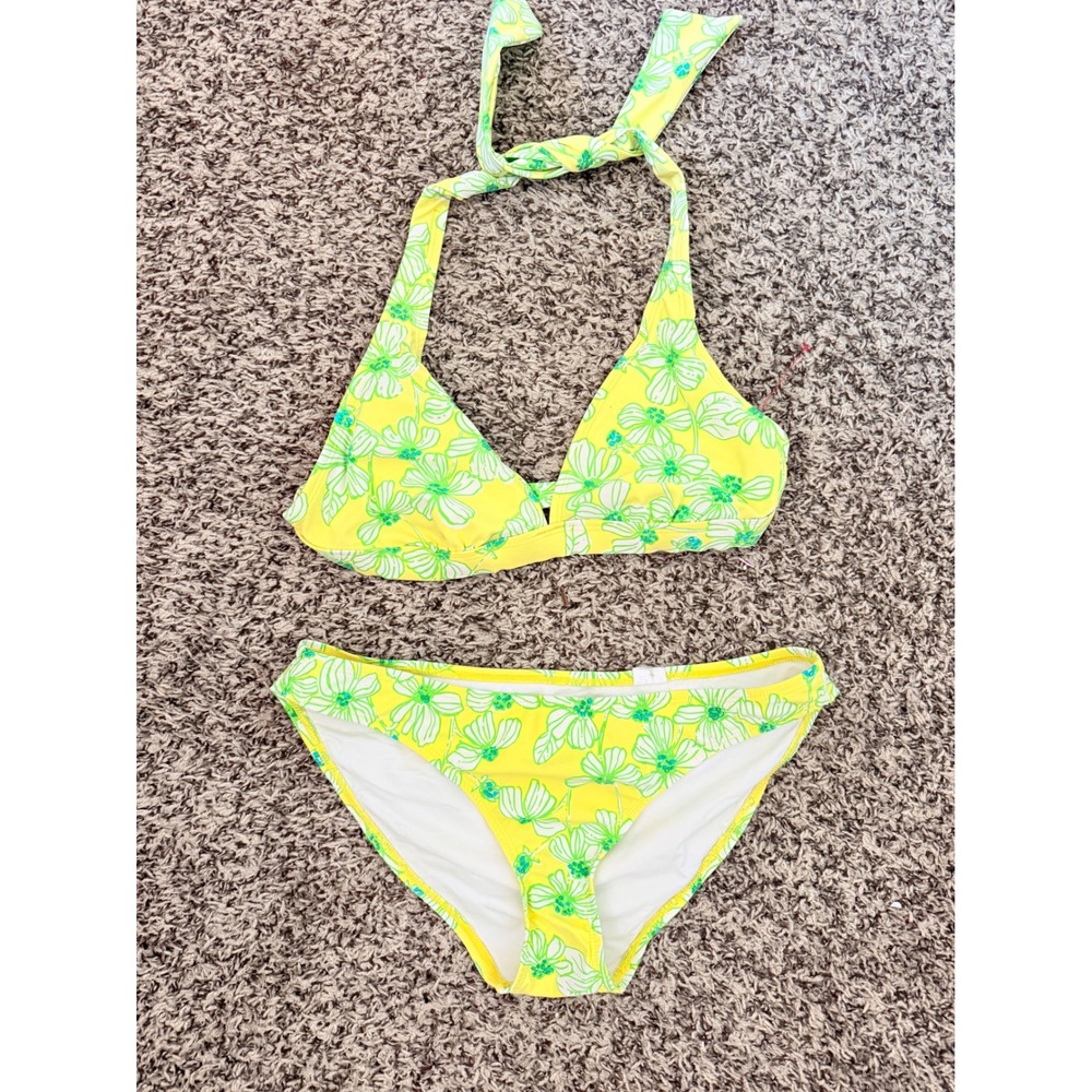 Lilly Pulitzer Womens Yellow Green Floral Halter Triangle Bikini Set Small XS